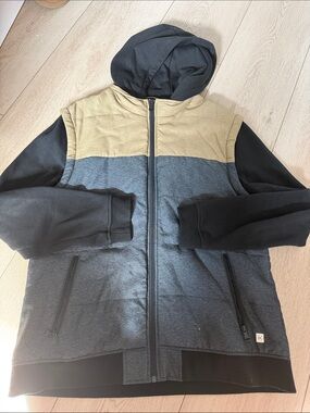 Department 56 Hooded Quilted Zip Sweater Jacket - Black, Gray & Tan